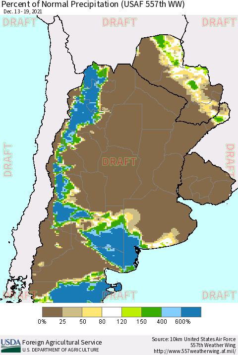 Southern South America Percent of Normal Precipitation (USAF 557th WW) Thematic Map For 12/13/2021 - 12/19/2021