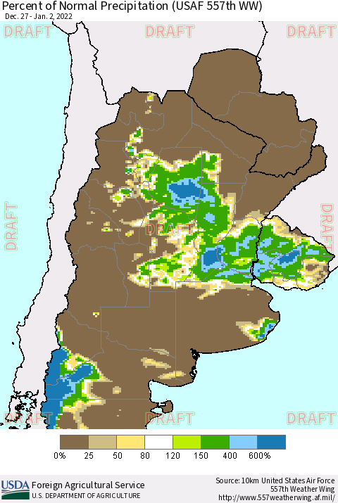 Southern South America Percent of Normal Precipitation (USAF 557th WW) Thematic Map For 12/27/2021 - 1/2/2022
