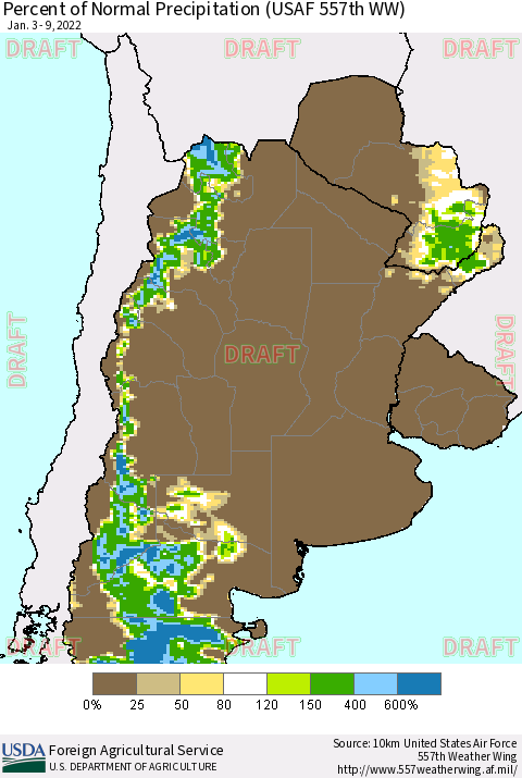 Southern South America Percent of Normal Precipitation (USAF 557th WW) Thematic Map For 1/3/2022 - 1/9/2022