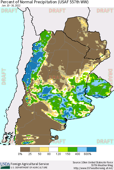 Southern South America Percent of Normal Precipitation (USAF 557th WW) Thematic Map For 1/10/2022 - 1/16/2022