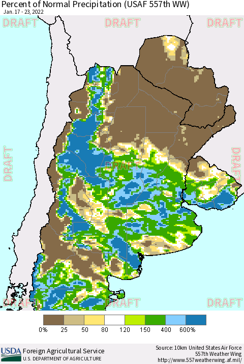 Southern South America Percent of Normal Precipitation (USAF 557th WW) Thematic Map For 1/17/2022 - 1/23/2022
