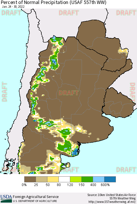 Southern South America Percent of Normal Precipitation (USAF 557th WW) Thematic Map For 1/24/2022 - 1/30/2022