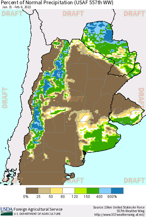 Southern South America Percent of Normal Precipitation (USAF 557th WW) Thematic Map For 1/31/2022 - 2/6/2022