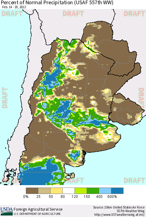 Southern South America Percent of Normal Precipitation (USAF 557th WW) Thematic Map For 2/14/2022 - 2/20/2022