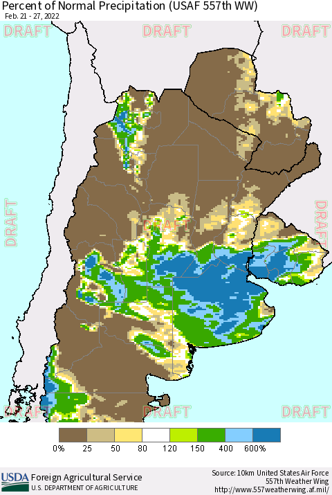 Southern South America Percent of Normal Precipitation (USAF 557th WW) Thematic Map For 2/21/2022 - 2/27/2022