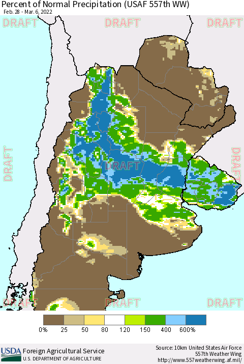 Southern South America Percent of Normal Precipitation (USAF 557th WW) Thematic Map For 2/28/2022 - 3/6/2022