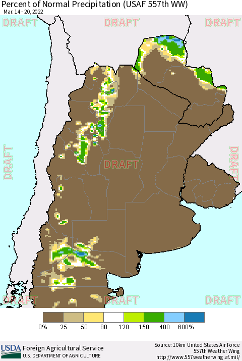 Southern South America Percent of Normal Precipitation (USAF 557th WW) Thematic Map For 3/14/2022 - 3/20/2022