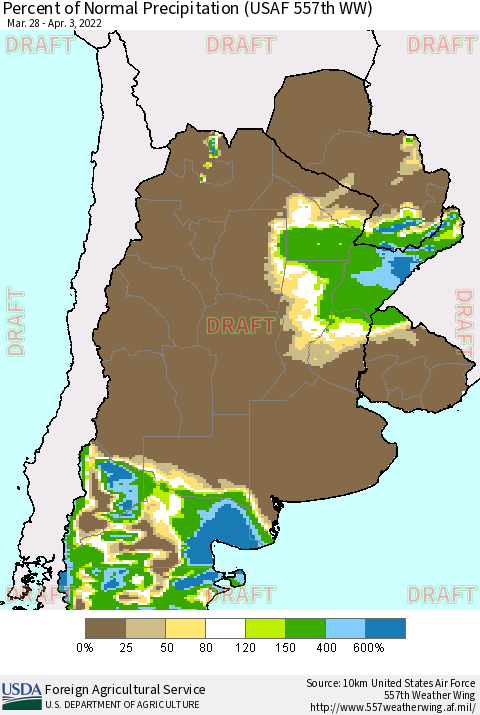 Southern South America Percent of Normal Precipitation (USAF 557th WW) Thematic Map For 3/28/2022 - 4/3/2022