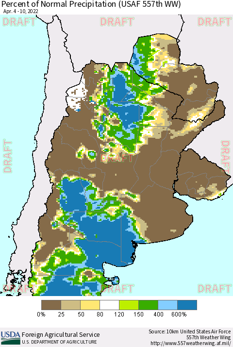 Southern South America Percent of Normal Precipitation (USAF 557th WW) Thematic Map For 4/4/2022 - 4/10/2022