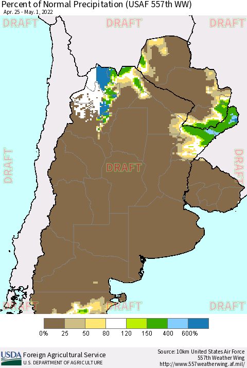 Southern South America Percent of Normal Precipitation (USAF 557th WW) Thematic Map For 4/25/2022 - 5/1/2022