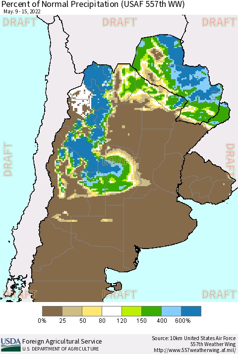 Southern South America Percent of Normal Precipitation (USAF 557th WW) Thematic Map For 5/9/2022 - 5/15/2022