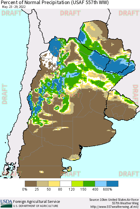 Southern South America Percent of Normal Precipitation (USAF 557th WW) Thematic Map For 5/23/2022 - 5/29/2022