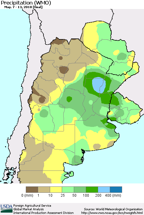 Southern South America Precipitation (WMO) Thematic Map For 5/7/2018 - 5/13/2018