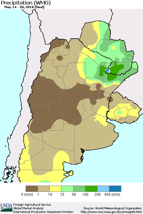 Southern South America Precipitation (WMO) Thematic Map For 5/14/2018 - 5/20/2018