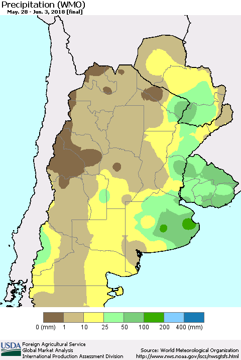 Southern South America Precipitation (WMO) Thematic Map For 5/28/2018 - 6/3/2018