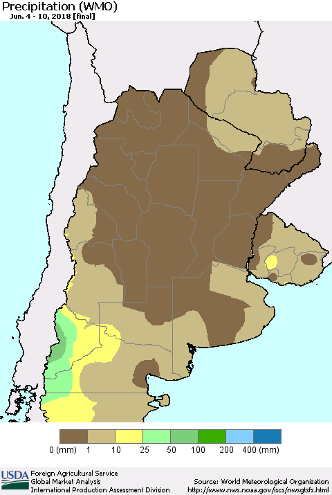 Southern South America Precipitation (WMO) Thematic Map For 6/4/2018 - 6/10/2018