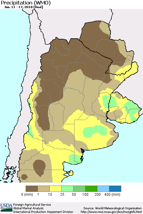 Southern South America Precipitation (WMO) Thematic Map For 6/11/2018 - 6/17/2018
