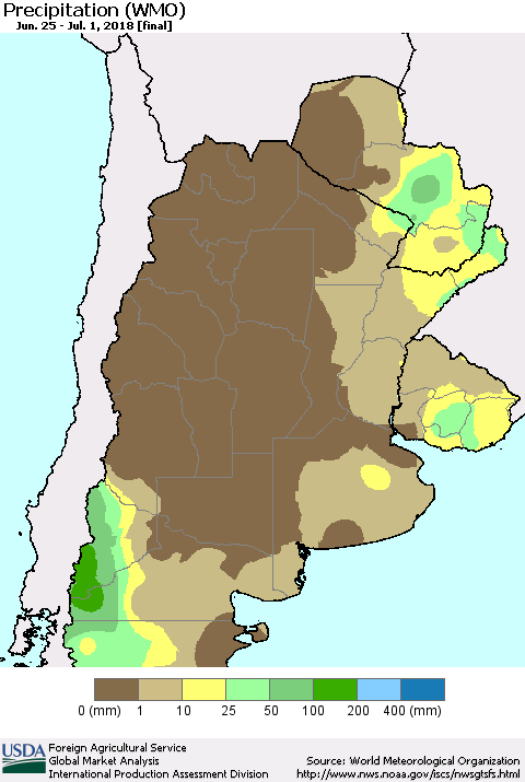 Southern South America Precipitation (WMO) Thematic Map For 6/25/2018 - 7/1/2018