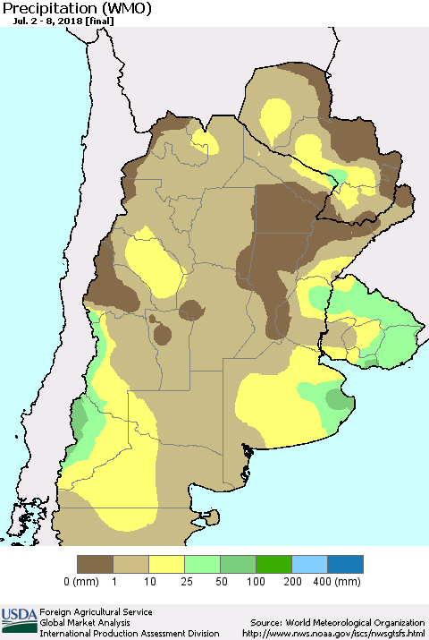 Southern South America Precipitation (WMO) Thematic Map For 7/2/2018 - 7/8/2018