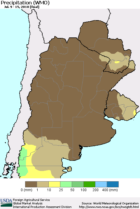 Southern South America Precipitation (WMO) Thematic Map For 7/9/2018 - 7/15/2018