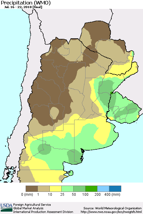 Southern South America Precipitation (WMO) Thematic Map For 7/16/2018 - 7/22/2018
