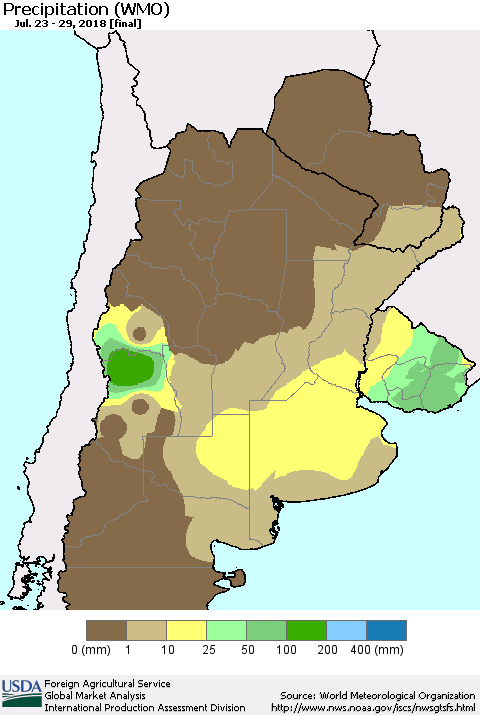 Southern South America Precipitation (WMO) Thematic Map For 7/23/2018 - 7/29/2018