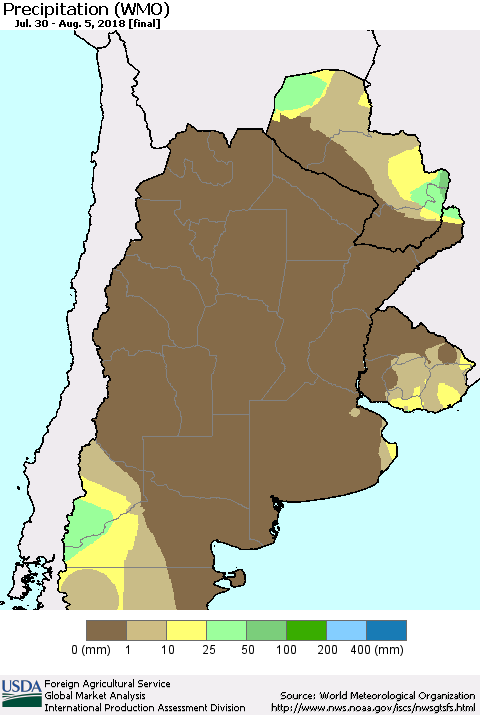 Southern South America Precipitation (WMO) Thematic Map For 7/30/2018 - 8/5/2018