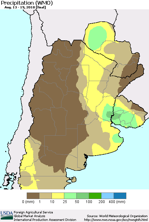 Southern South America Precipitation (WMO) Thematic Map For 8/13/2018 - 8/19/2018
