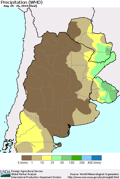Southern South America Precipitation (WMO) Thematic Map For 8/20/2018 - 8/26/2018