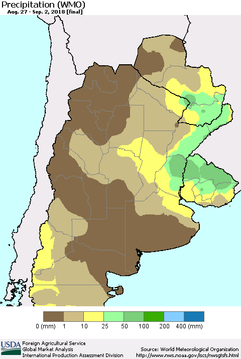 Southern South America Precipitation (WMO) Thematic Map For 8/27/2018 - 9/2/2018