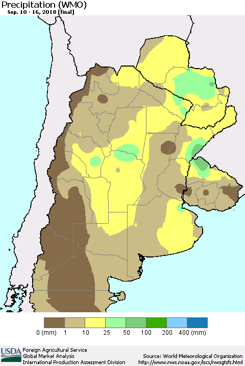 Southern South America Precipitation (WMO) Thematic Map For 9/10/2018 - 9/16/2018