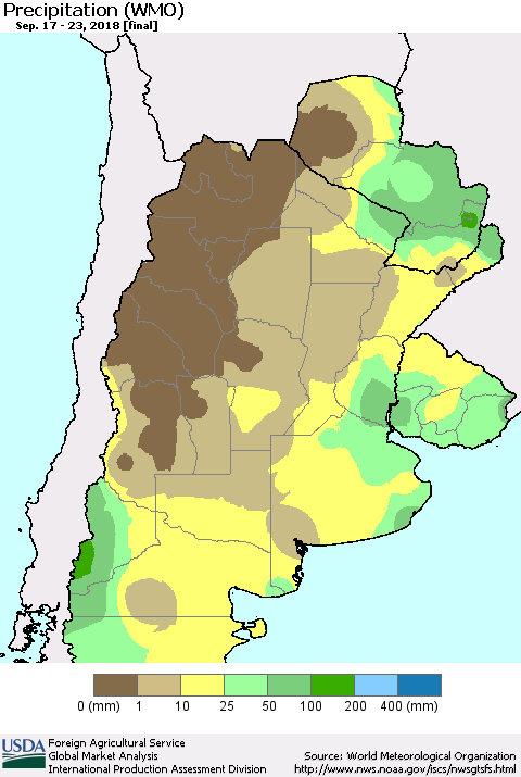 Southern South America Precipitation (WMO) Thematic Map For 9/17/2018 - 9/23/2018