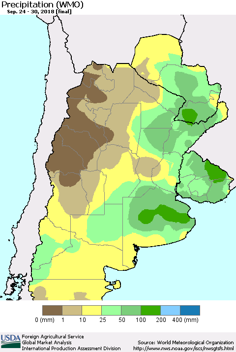 Southern South America Precipitation (WMO) Thematic Map For 9/24/2018 - 9/30/2018