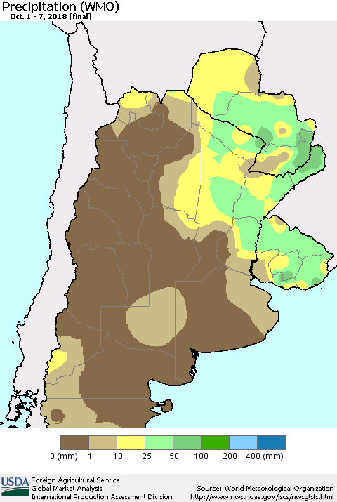 Southern South America Precipitation (WMO) Thematic Map For 10/1/2018 - 10/7/2018