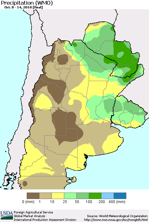Southern South America Precipitation (WMO) Thematic Map For 10/8/2018 - 10/14/2018