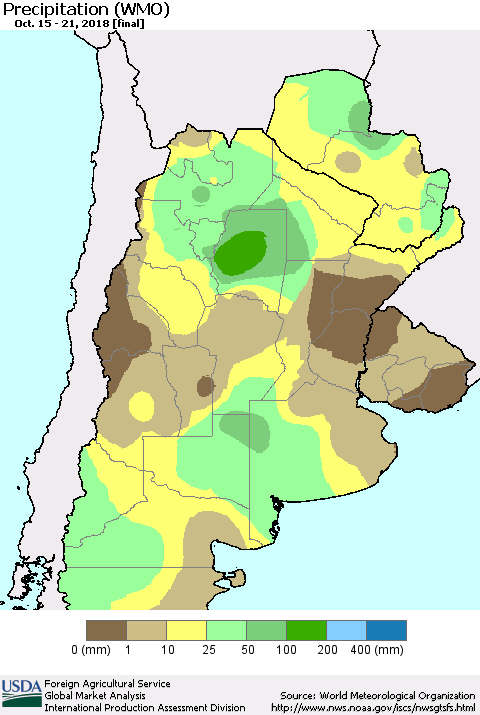 Southern South America Precipitation (WMO) Thematic Map For 10/15/2018 - 10/21/2018