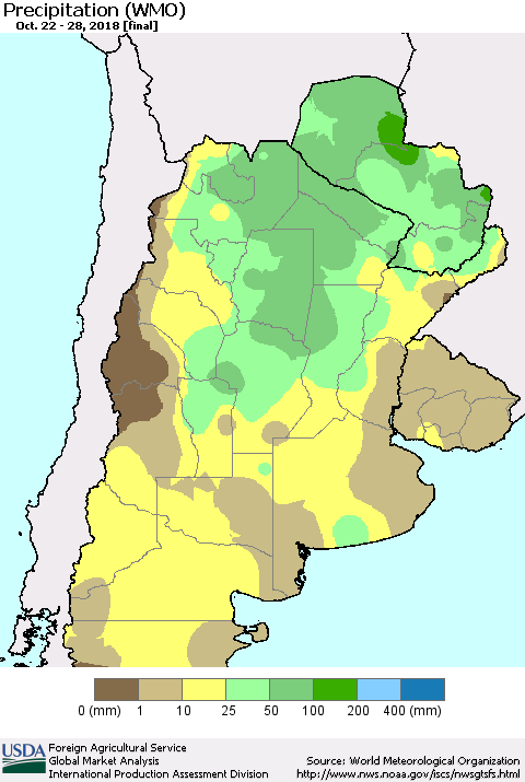 Southern South America Precipitation (WMO) Thematic Map For 10/22/2018 - 10/28/2018