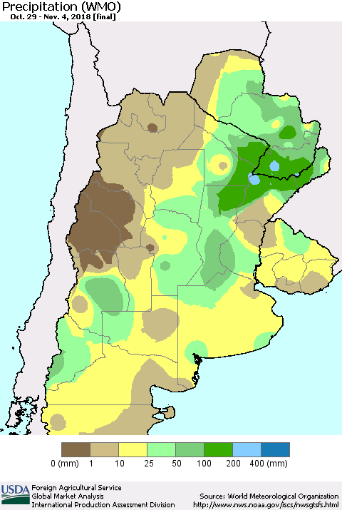 Southern South America Precipitation (WMO) Thematic Map For 10/29/2018 - 11/4/2018