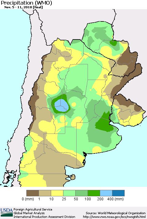 Southern South America Precipitation (WMO) Thematic Map For 11/5/2018 - 11/11/2018