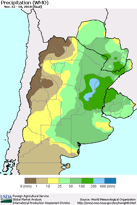 Southern South America Precipitation (WMO) Thematic Map For 11/12/2018 - 11/18/2018