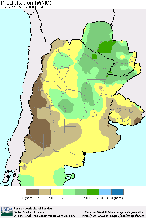 Southern South America Precipitation (WMO) Thematic Map For 11/19/2018 - 11/25/2018