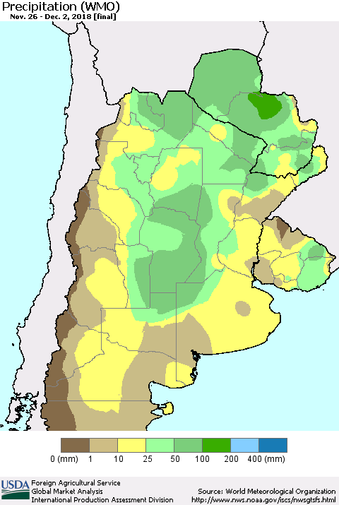 Southern South America Precipitation (WMO) Thematic Map For 11/26/2018 - 12/2/2018