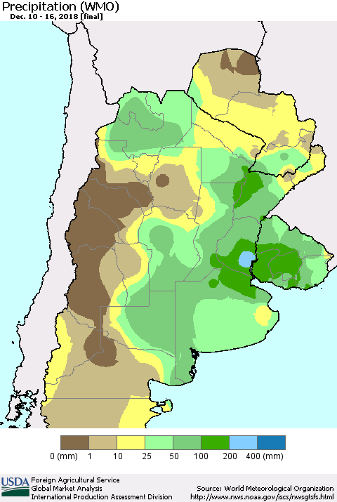 Southern South America Precipitation (WMO) Thematic Map For 12/10/2018 - 12/16/2018