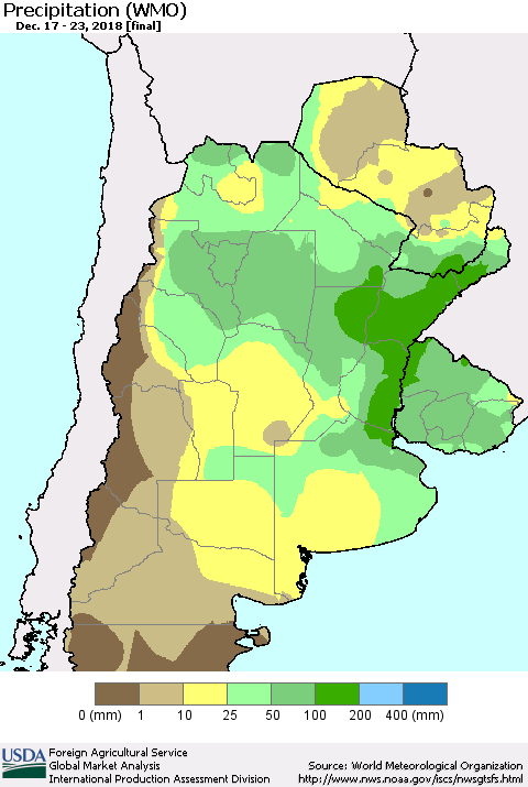Southern South America Precipitation (WMO) Thematic Map For 12/17/2018 - 12/23/2018