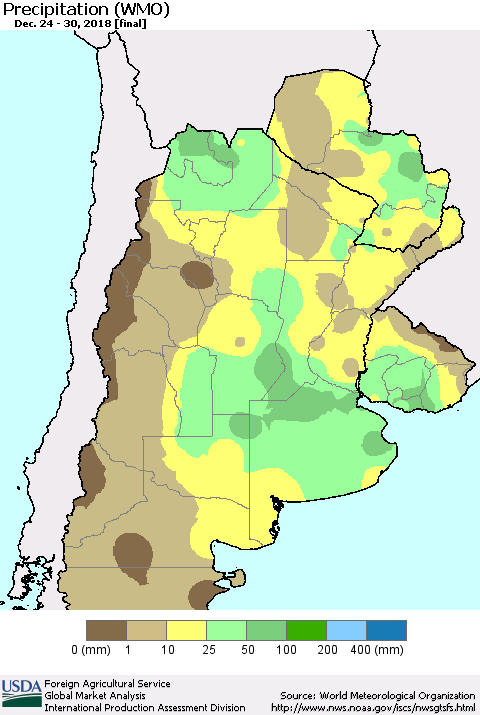 Southern South America Precipitation (WMO) Thematic Map For 12/24/2018 - 12/30/2018