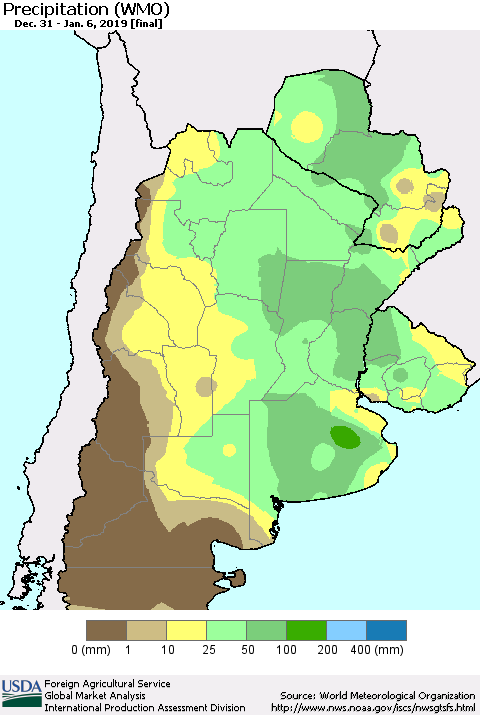 Southern South America Precipitation (WMO) Thematic Map For 12/31/2018 - 1/6/2019