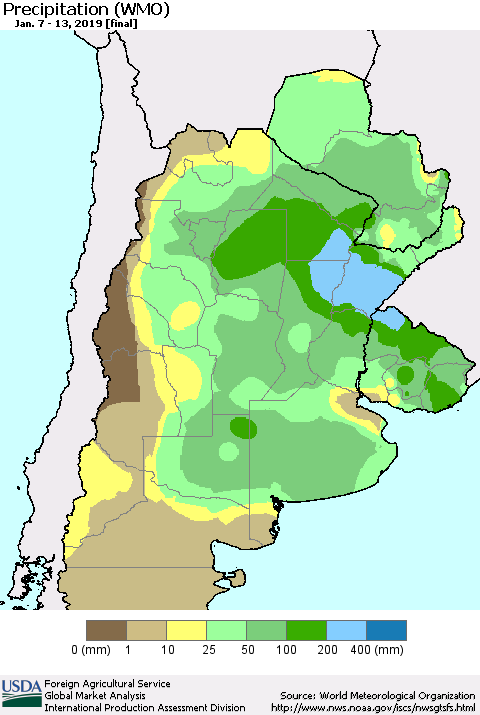 Southern South America Precipitation (WMO) Thematic Map For 1/7/2019 - 1/13/2019