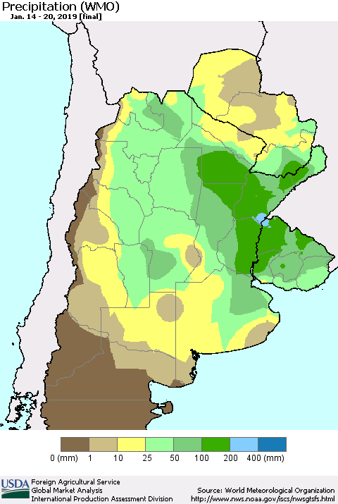 Southern South America Precipitation (WMO) Thematic Map For 1/14/2019 - 1/20/2019