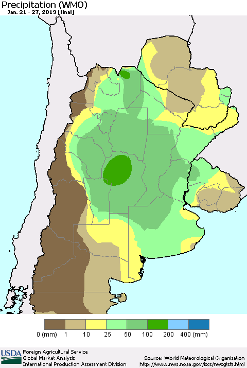 Southern South America Precipitation (WMO) Thematic Map For 1/21/2019 - 1/27/2019