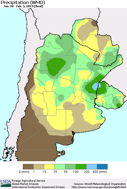 Southern South America Precipitation (WMO) Thematic Map For 1/28/2019 - 2/3/2019